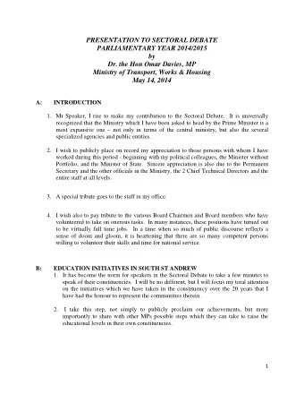 PRESENTATION TO SECTORAL DEBATE  PARLIAMENTARY YEAR 2014/2015  by  Dr. the Hon Omar Davies, MP