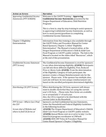 Action on Screen  Narration  Approving Confidential Income Welcome to the CACFP Training