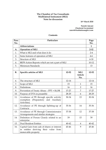 The Chamber of Tax Consultants  Multilateral Instrument (MLI)  Note for discussion 16 th March 2020