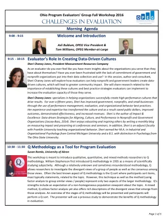 CHALLENGES IN EVALUATION  Morning  Agenda  Welcome and Introduction  9:00 - 9:15  Asli Buldum, OPEG