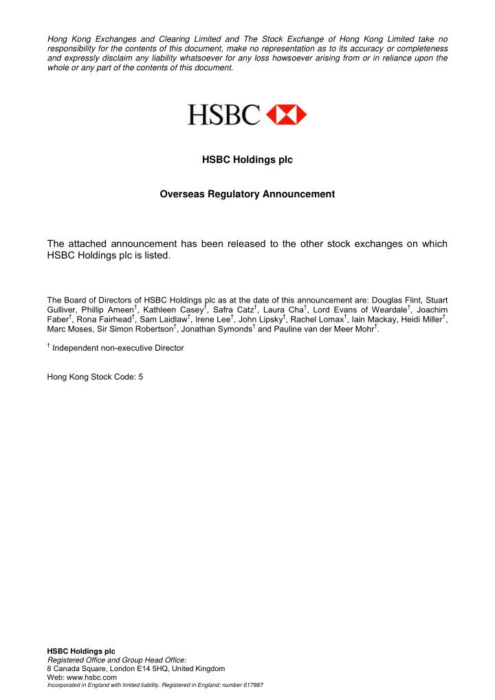 hsbc holdings plc overseas regulatory announcement the
