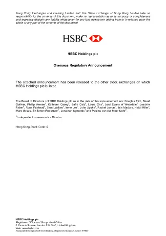 HSBC Holdings plc  Overseas Regulatory Announcement  The attached announcement has been released to