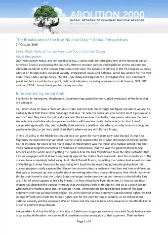 The Breakdown of the Iran Nuclear Deal  Global Perspectives 2 nd October 2019  Jamal Abdi,