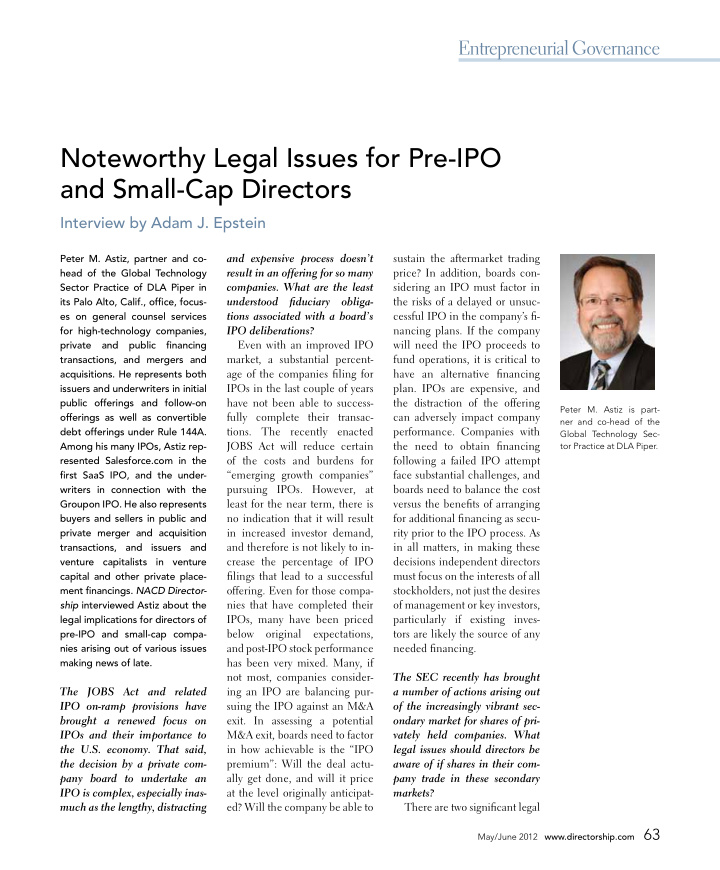 noteworthy legal issues for pre ipo and small cap