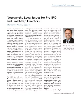 Noteworthy Legal Issues for Pre-IPO  and Small-Cap Directors  Interview by Adam J. Epstein  Peter