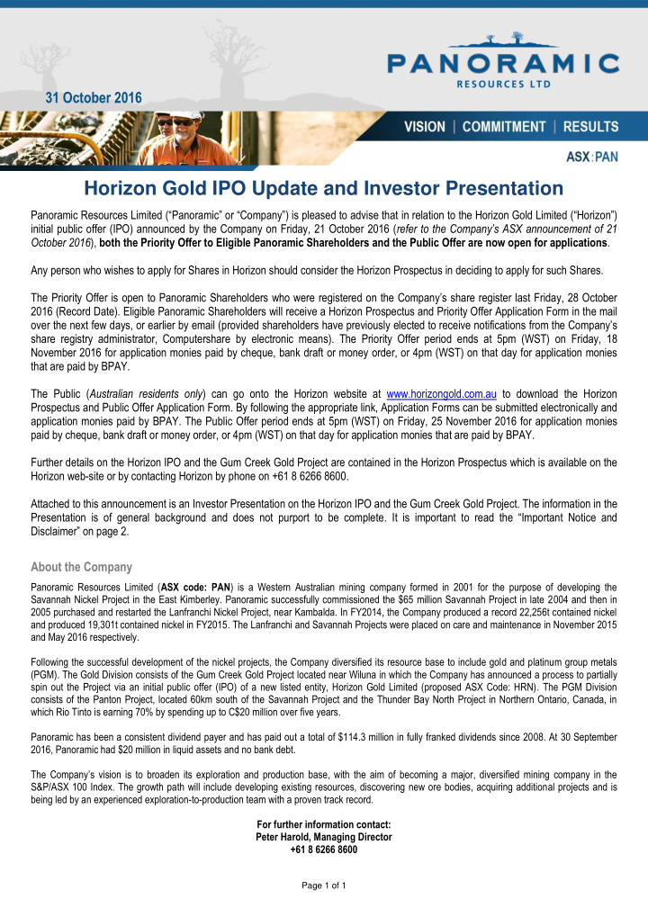 horizon gold ipo update and investor presentation