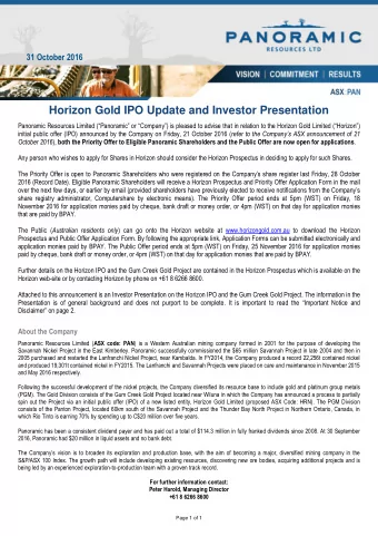 Horizon Gold IPO Update and Investor Presentation Panoramic Resources Limited (Panoramic or