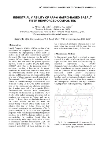 INDUSTRIAL VIABILITY OF APA-6 MATRIX-BASED BASALT  FIBER REINFORCED COMPOSITES A. Alfonso 1 , R.