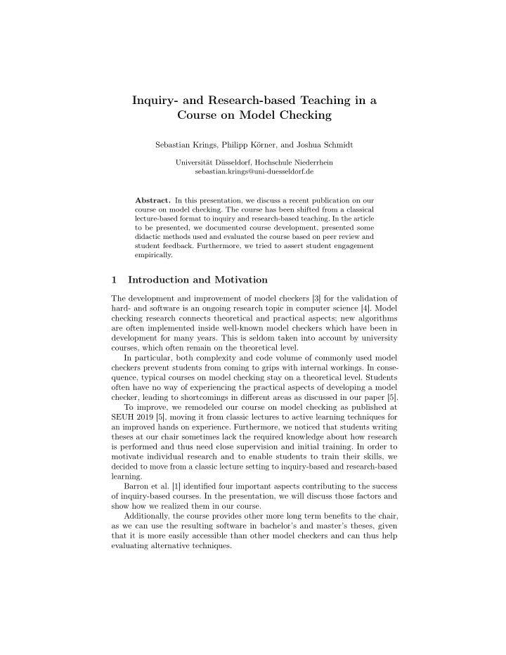inquiry and research based teaching in a course on model