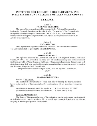 INSTITUTE FOR ECONOMIC DEVELOPMENT, INC.  D/B/A RIVERFRONT ALLIANCE OF DELAWARE COUNTY B Y L A W S