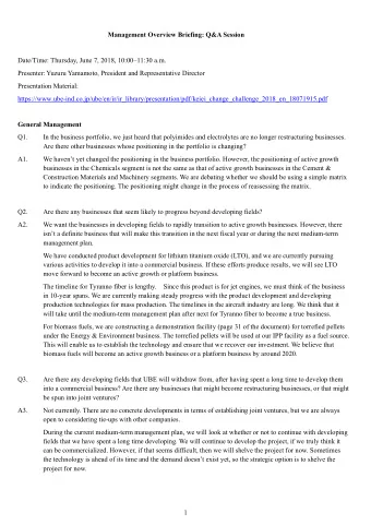 Management Overview Briefing: Q&amp;A Session  Date/Time: Thursday, June 7, 2018, 10:0011:30