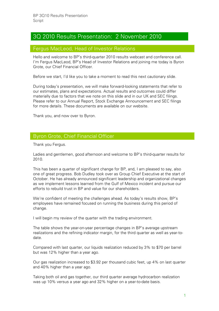 3q 2010 results presentation 2 november 2010