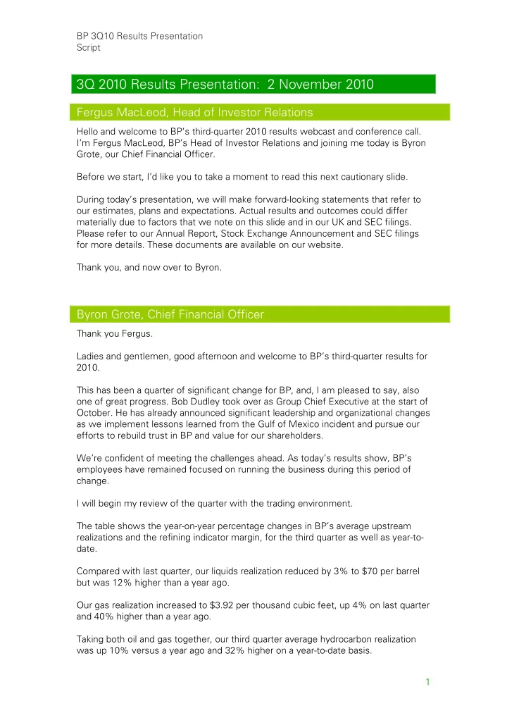 3q 2010 results presentation 2 november 2010