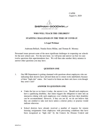 CAPSS  August 6, 2020  WHO WILL TEACH THE CHILDREN?  STAFFING CHALLENGES IN THE TIME OF COVID-19  A