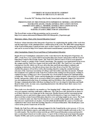 UNIVERSITY OF MASSACHUSETTS AMHERST  OFFICE OF THE FACULTY SENATE From the 701 st Meeting of the
