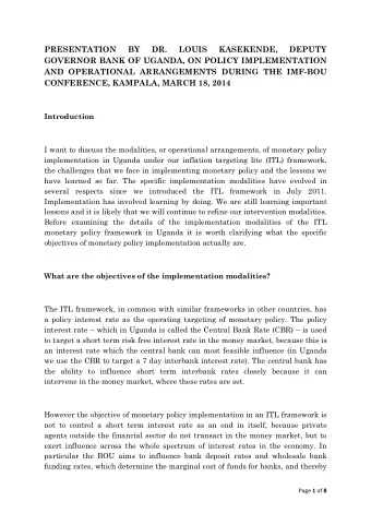 PRESENTATION  BY  DR.  LOUIS  KASEKENDE,  DEPUTY  GOVERNOR BANK OF UGANDA, ON POLICY IMPLEMENTATION