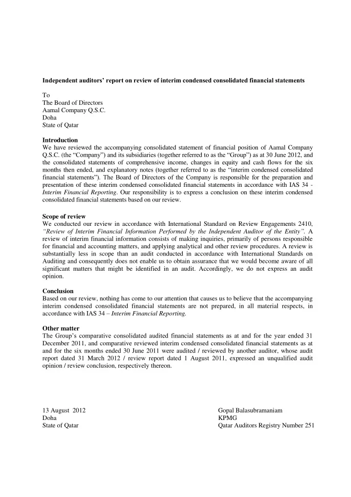 independent auditors report on review of interim