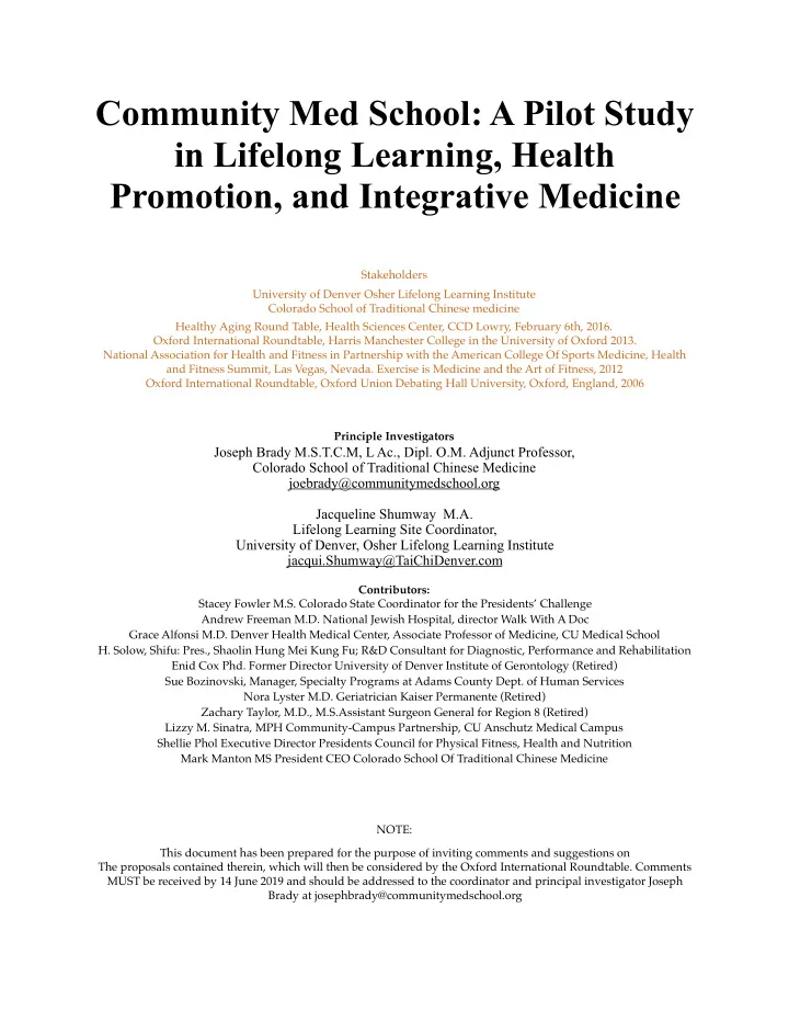 community med school a pilot study in lifelong learning