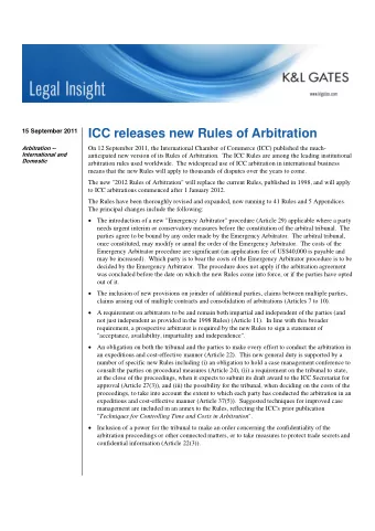 ICC releases new Rules of Arbitration  15 September 2011  On 12 September 2011, the International
