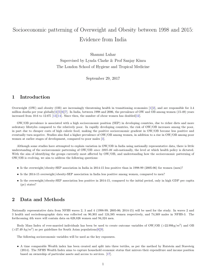 socioeconomic patterning of overweight and obesity