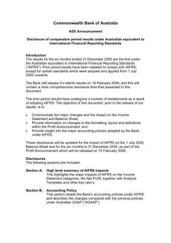 Commonwealth Bank of Australia  ASX Announcement  Disclosure of comparative period results under