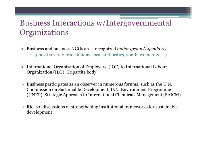 business interactions w intergovernmental organizations