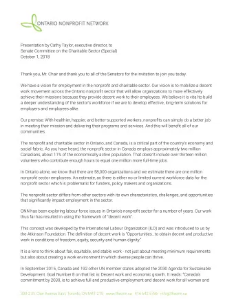 Presentation by Cathy Taylor, executive director, to  Senate Committee on the Charitable Sector