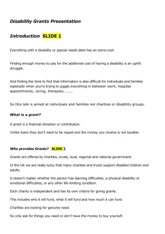 Disability Grants Presentation Introduction SLIDE 1  Everything with a disability or special needs