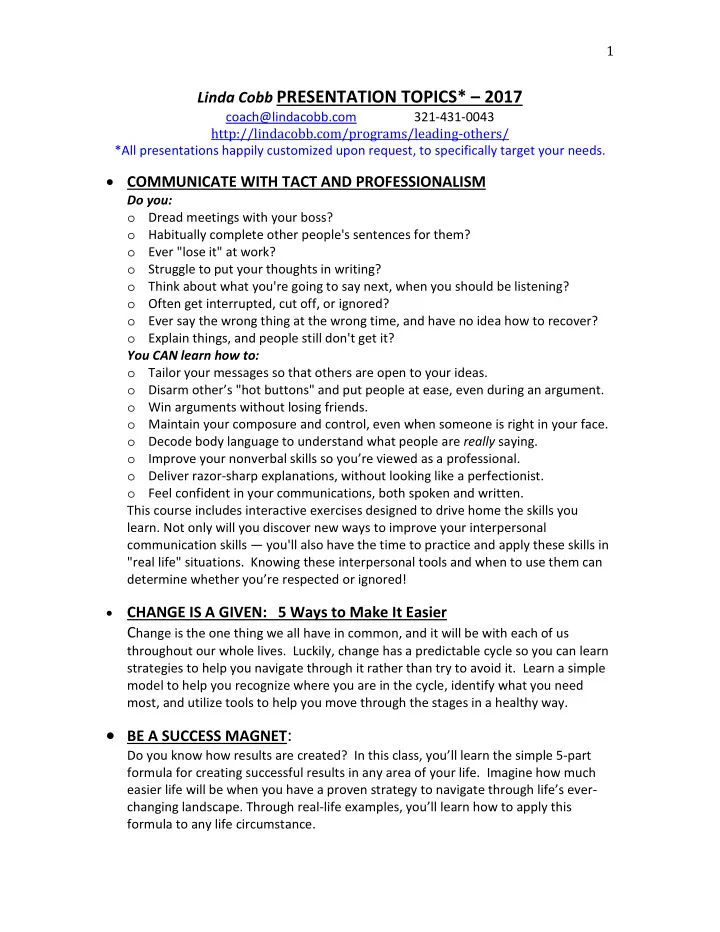 linda cobb presentation topics 2017