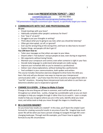 Linda Cobb PRESENTATION TOPICS*  2017  coach@lindacobb.com                  321-431-0043