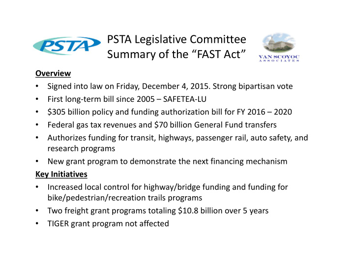 psta legislative committee summary of the fast act