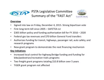 PSTA Legislative Committee Summary of the FAST Act  Overview Signed into law on Friday,
