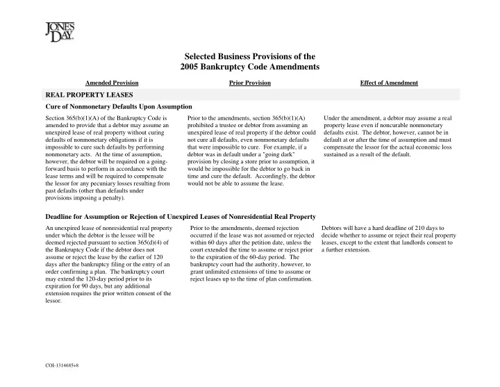 selected business provisions of the 2005 bankruptcy code