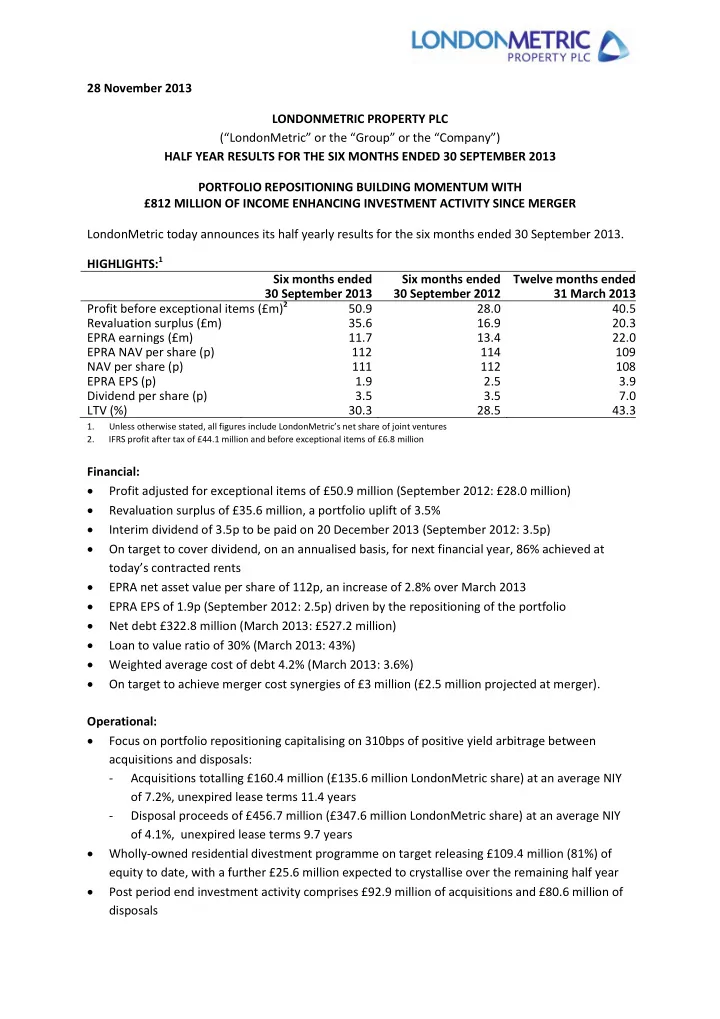 28 november 2013 londonmetric property plc london metric