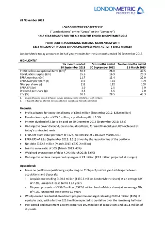 28 November 2013  LONDONMETRIC PROPERTY PLC ( London Metric or the Group or the