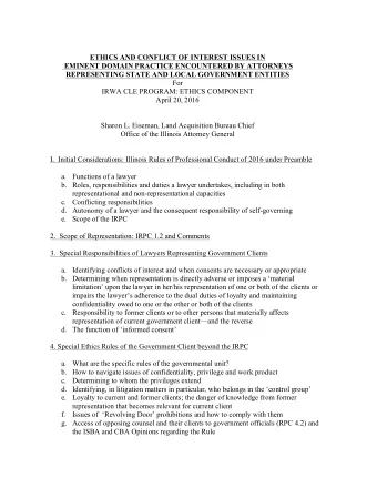 ETHICS AND CONFLICT OF INTEREST ISSUES IN  EMINENT DOMAIN PRACTICE ENCOUNTERED BY ATTORNEYS