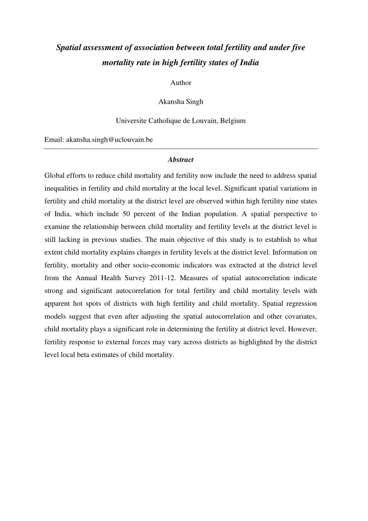 spatial assessment of association between total fertility
