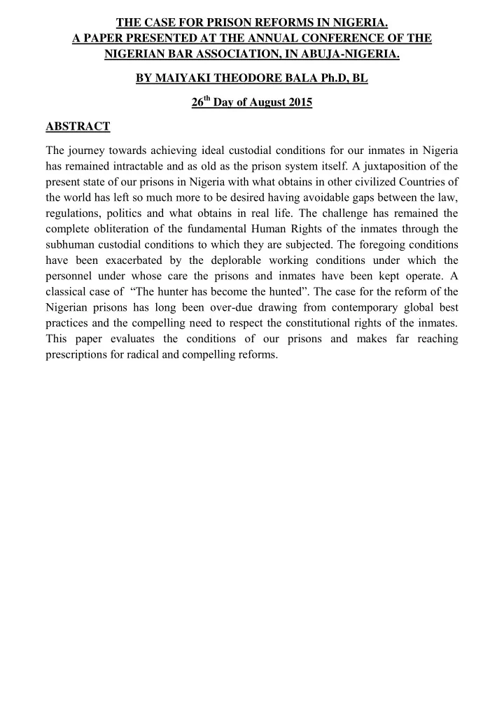 the case for prison reforms in nigeria a paper presented