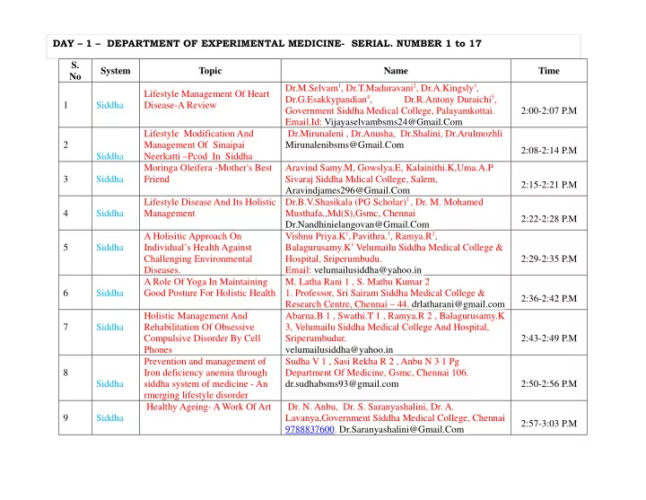 day 1 department of experimental medicine serial number 1