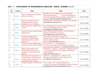DAY  1   DEPARTMENT OF EXPERIMENTAL MEDICINE-  SERIAL. NUMBER 1 to 17  S.  System  Topic