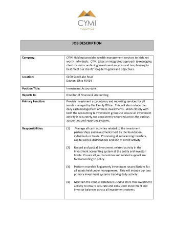 JOB DESCRIPTION  Company:  CYMI Holdings provides wealth management services to high net  worth