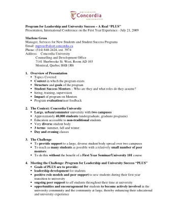 Program for Leadership and University Success  A Real PLUS  Presentation, International