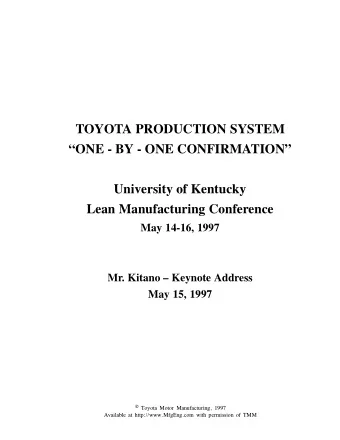 TOYOTA PRODUCTION SYSTEM  ONE - BY - ONE CONFIRMATION  University of Kentucky  Lean