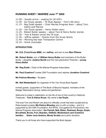 RUNNING SHEET / MARREE June 7 th 2008  11.00  Guests arrive  seating for 20 VIPs  11.05 -