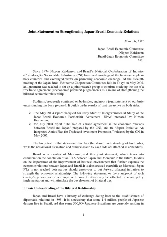 Joint Statement on Strengthening Japan-Brazil Economic Relations  March 6, 2007  Japan-Brazil