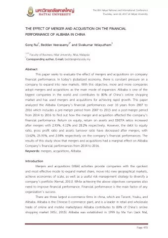 THE EFFECT OF MERGER AND ACQUISITION ON THE FINANCIAL  PERFORMANCE OF ALIBABA IN CHINA Gong Rui 1 ,