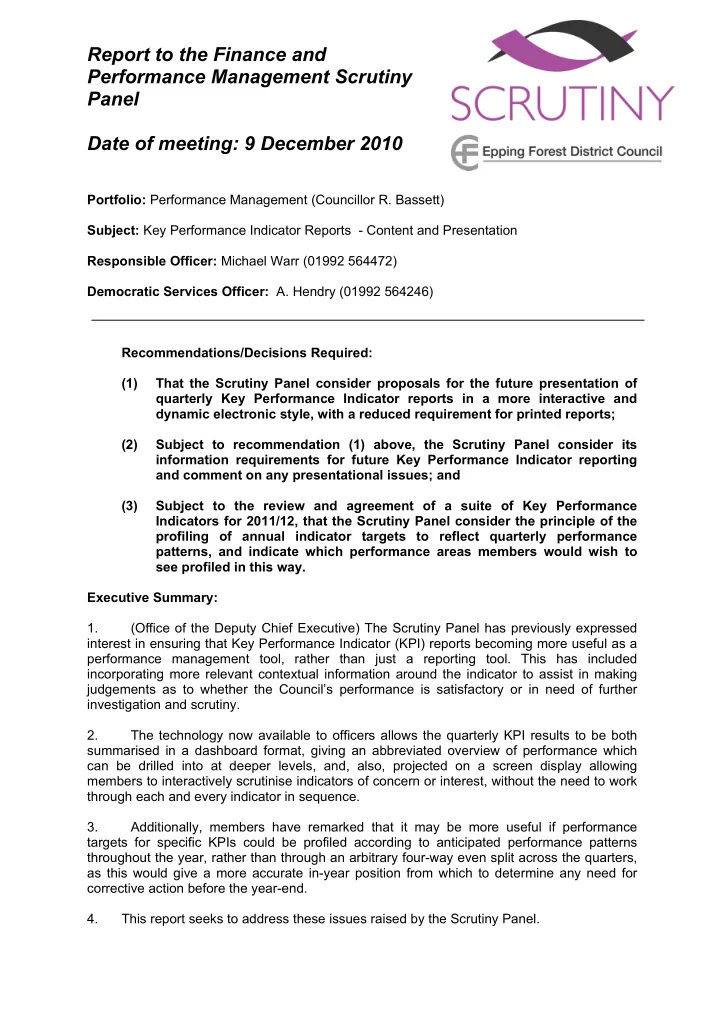 report to the finance and performance management scrutiny