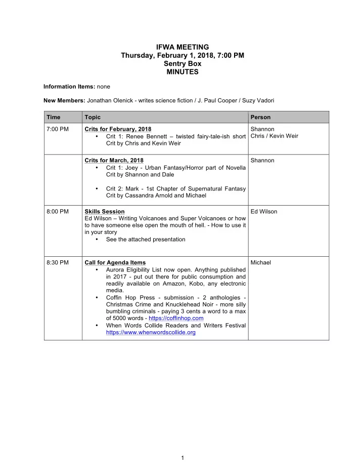 ifwa meeting thursday february 1 2018 7 00 pm sentry box