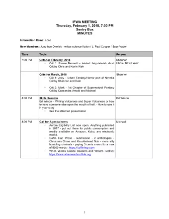 IFWA MEETING Thursday, February 1, 2018, 7:00 PM Sentry Box  MINUTES Information Items: none New