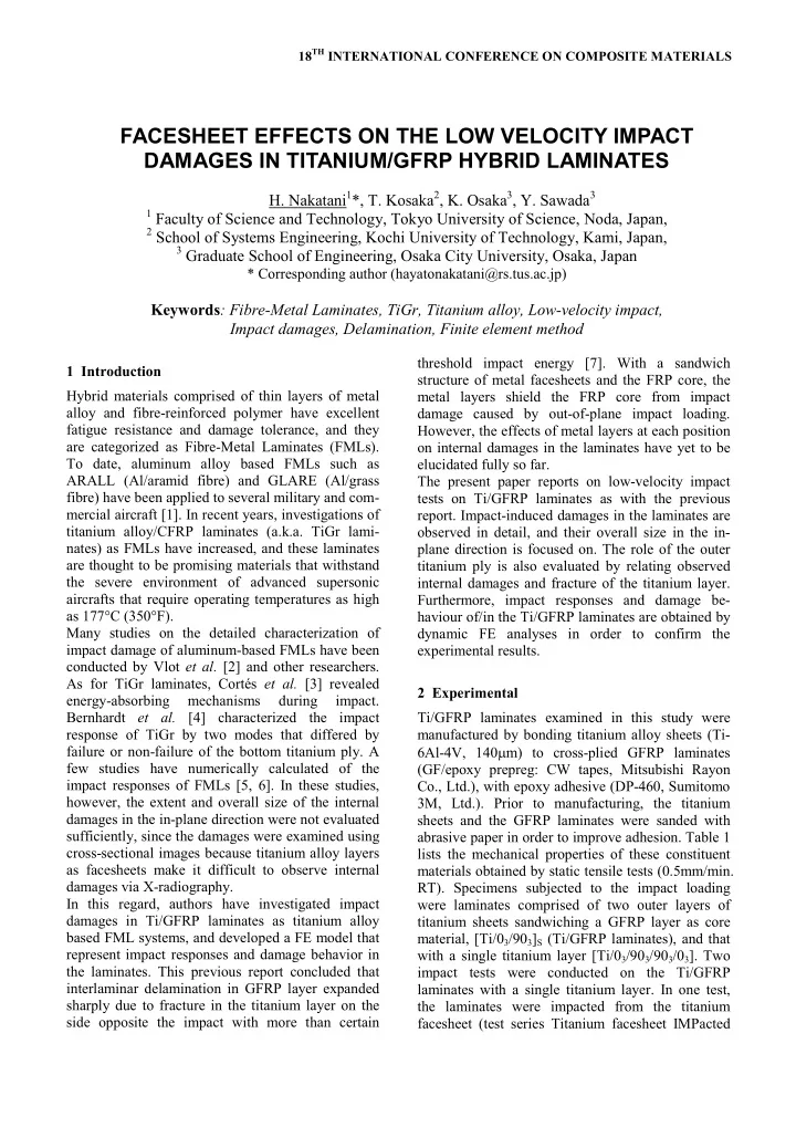 facesheet effects on the low velocity impact damages in